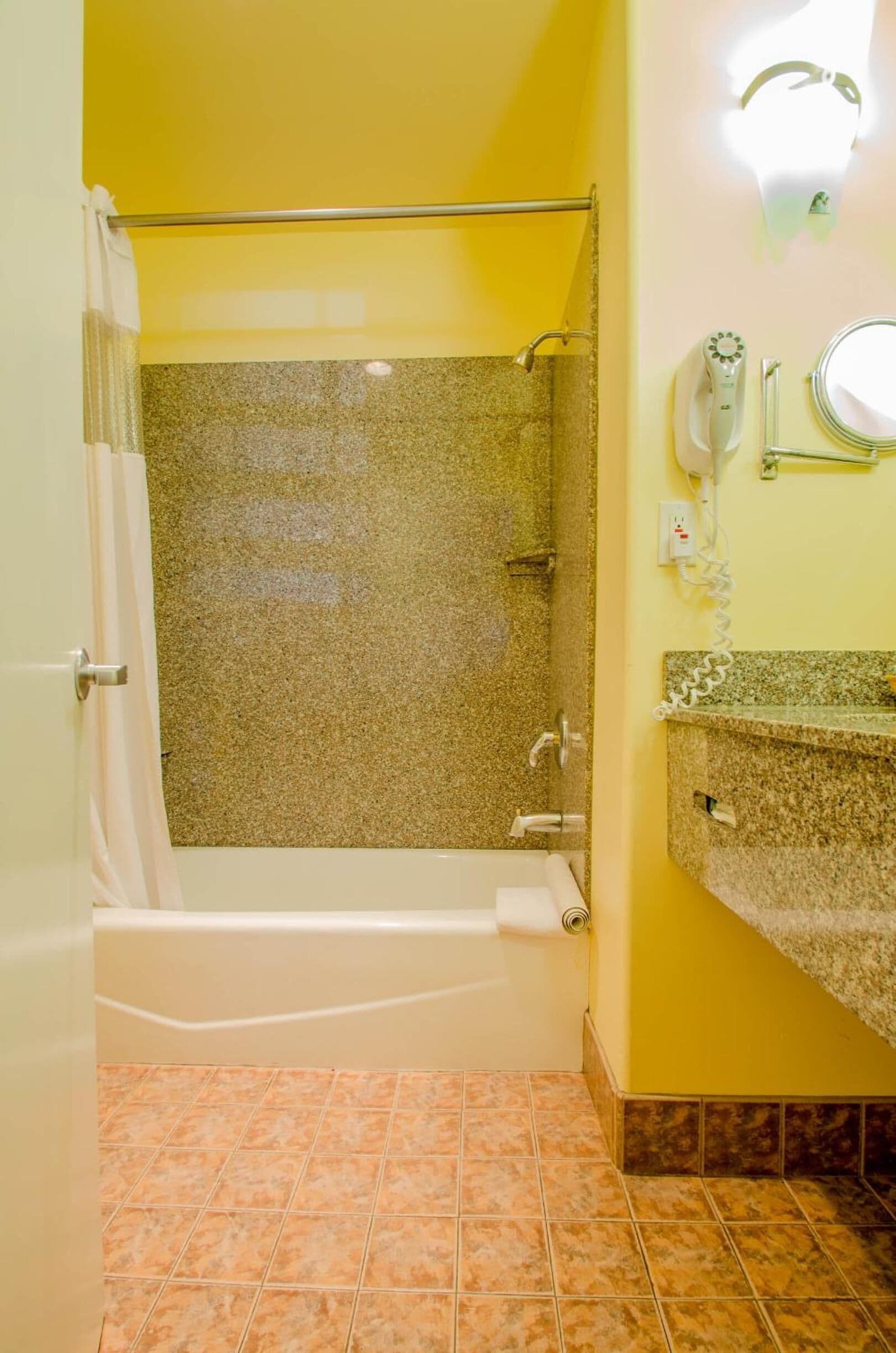 A bathroom with a bathtub, shower, and a vanity with a mirror.