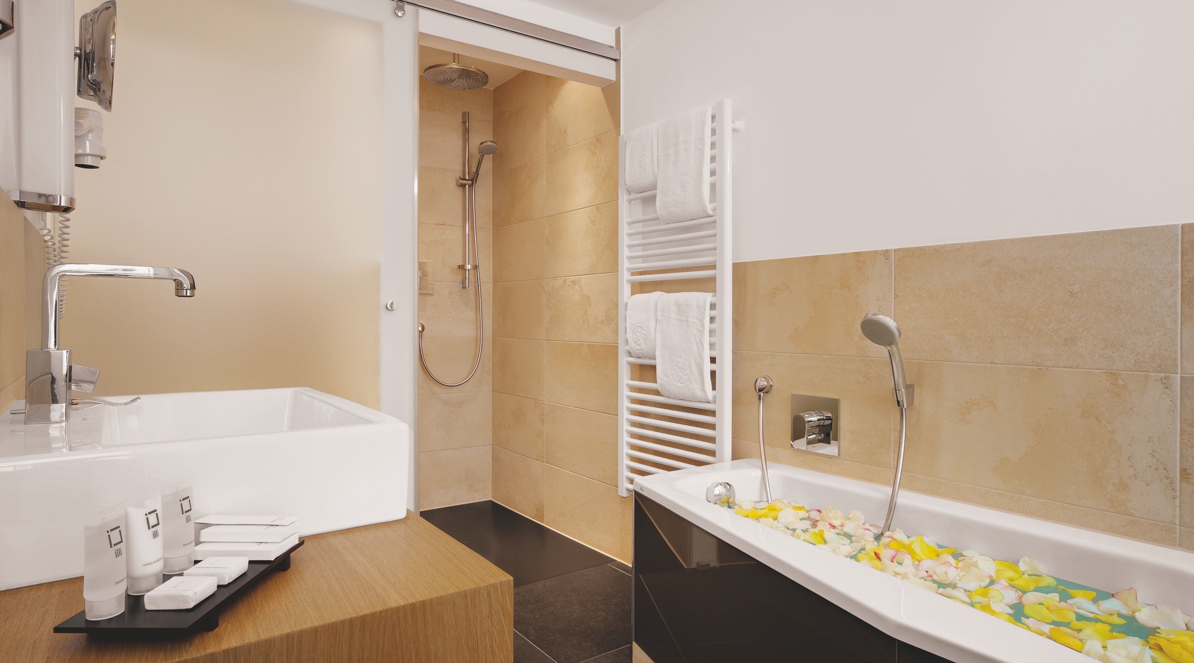 deluxe double room (alpenchic) | bathroom | shower, rainfall showerhead, free toiletries, hair dryer