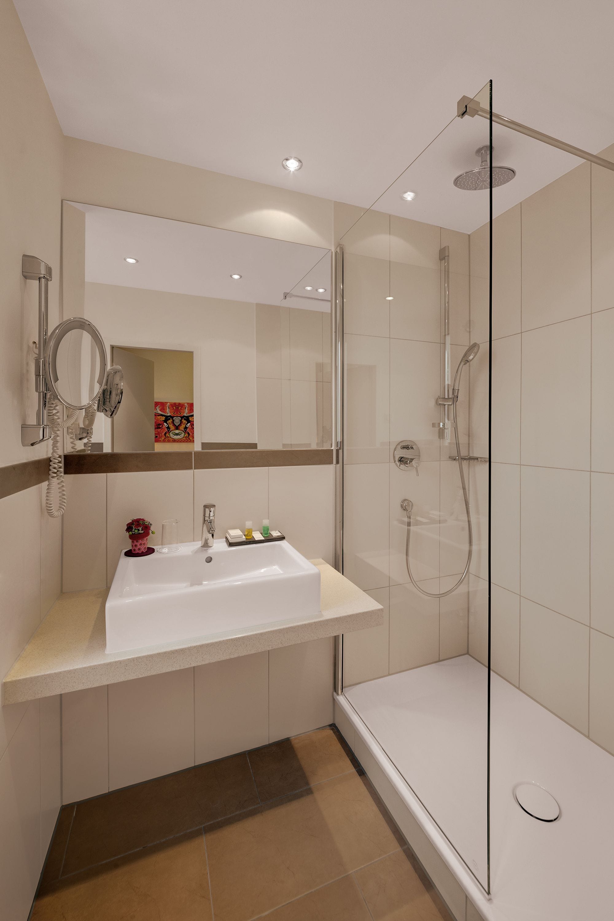 shower, rainfall showerhead, free toiletries, hair dryer