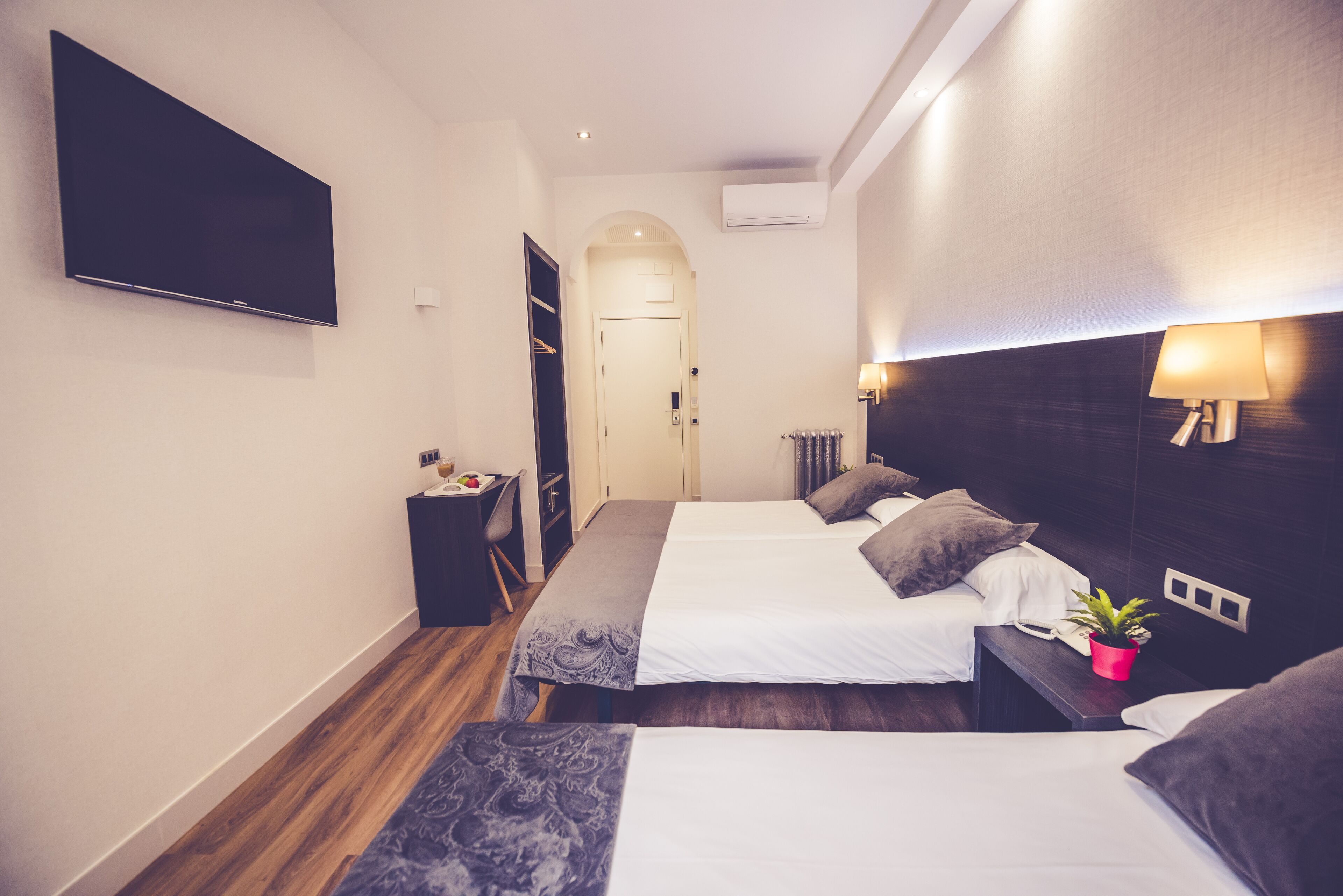 Quarto de hotel com duas camas, uma TV de tela plana na parede, uma mesa de cabeceira com abajur e um pequeno vaso de planta.