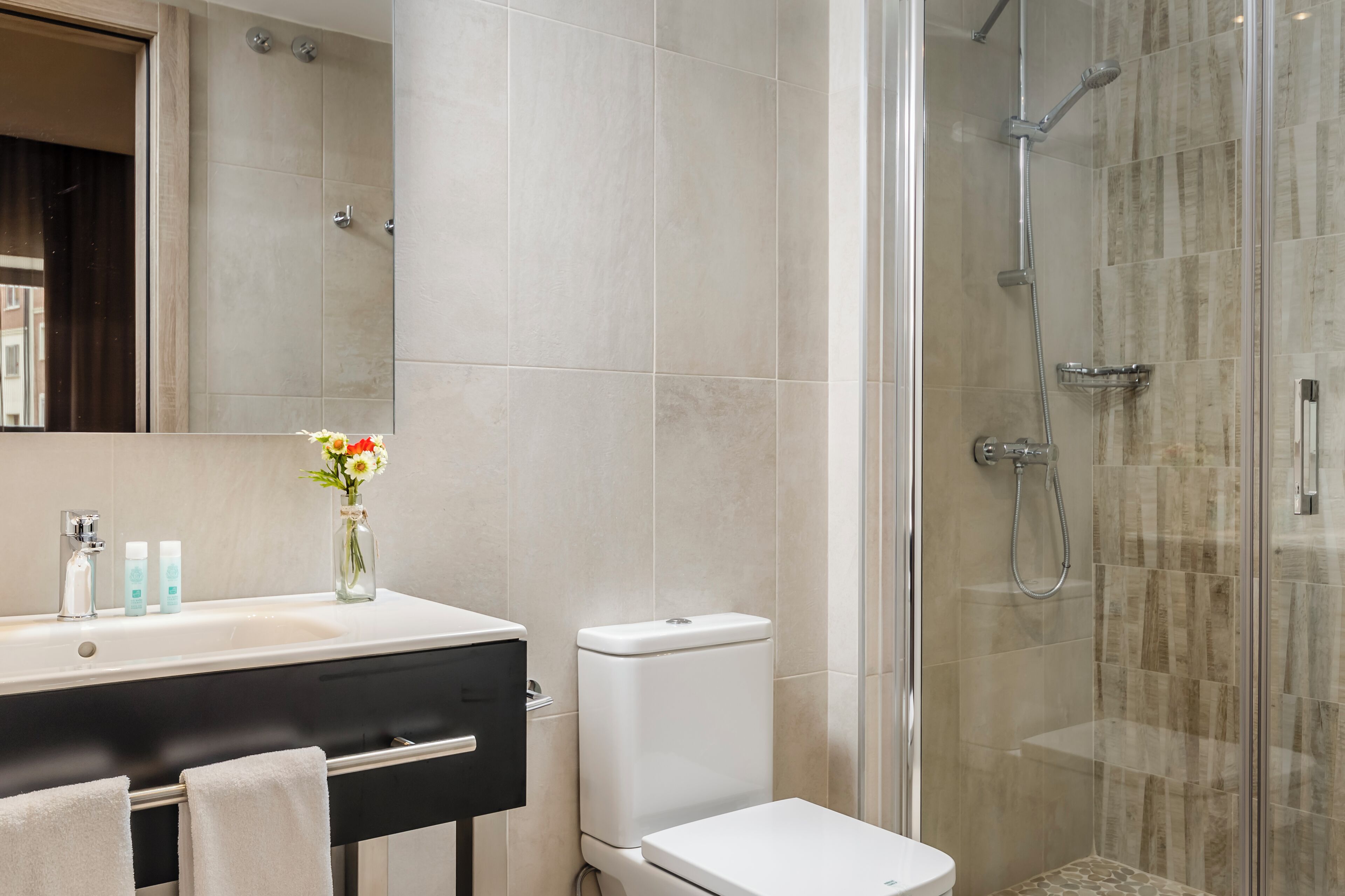 eco-friendly toiletries, hair dryer, towels, soap