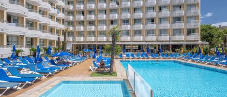 Indoor pool, outdoor pool, open 10:00 AM to 8:00 PM, pool umbrellas