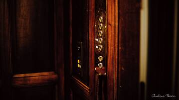 A close-up of a wooden door with a brass handle and a nameplate.