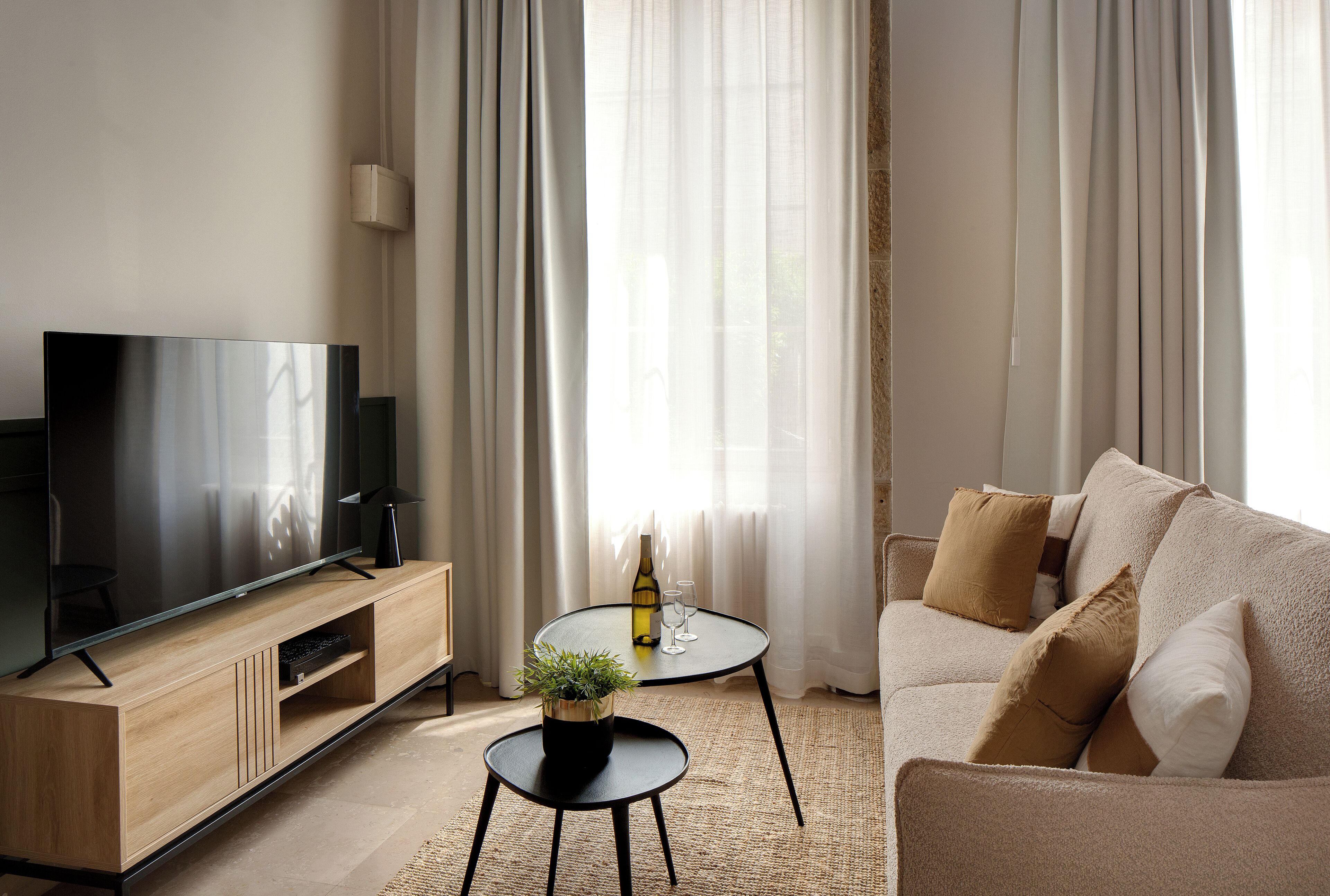 A modern living room with a flat-screen TV, a wooden entertainment unit, a round coffee table with a plant, and a beige sofa with cushions.