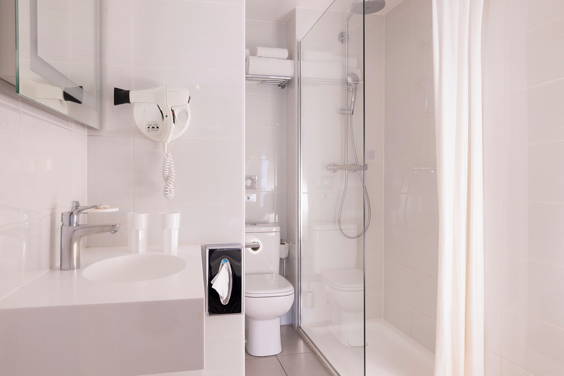 shower, rainfall showerhead, designer toiletries, hair dryer