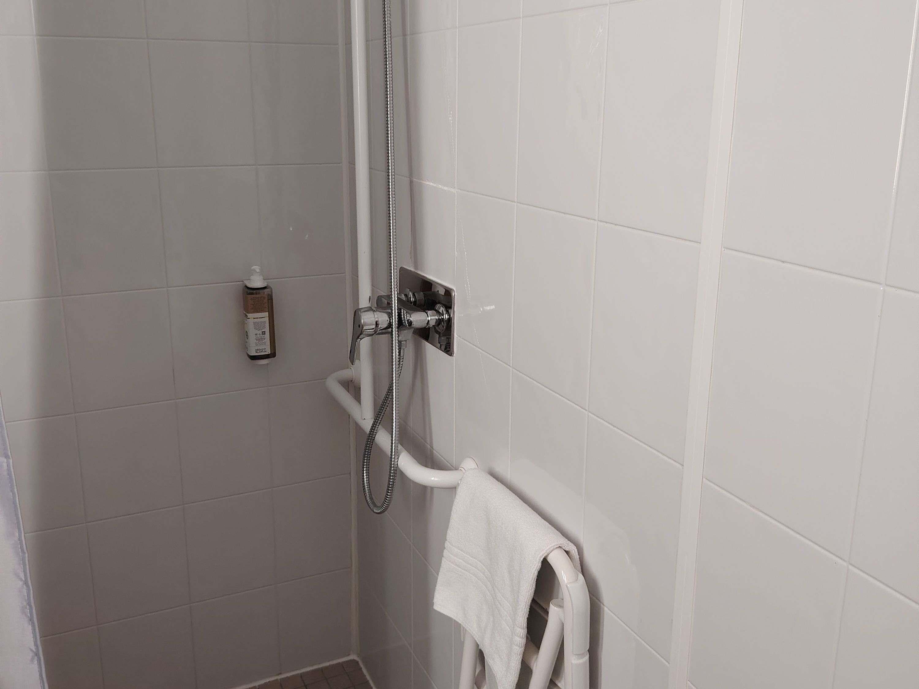Ducha con cabezal de ducha de mano, toallero con una toalla y una botella de champú en la pared.