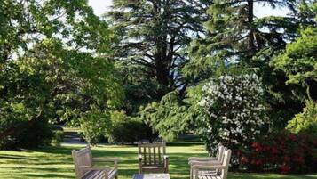 Un jardin avec trois chaises en bois et une table, entouré d’une végétation luxuriante et d’arbres.