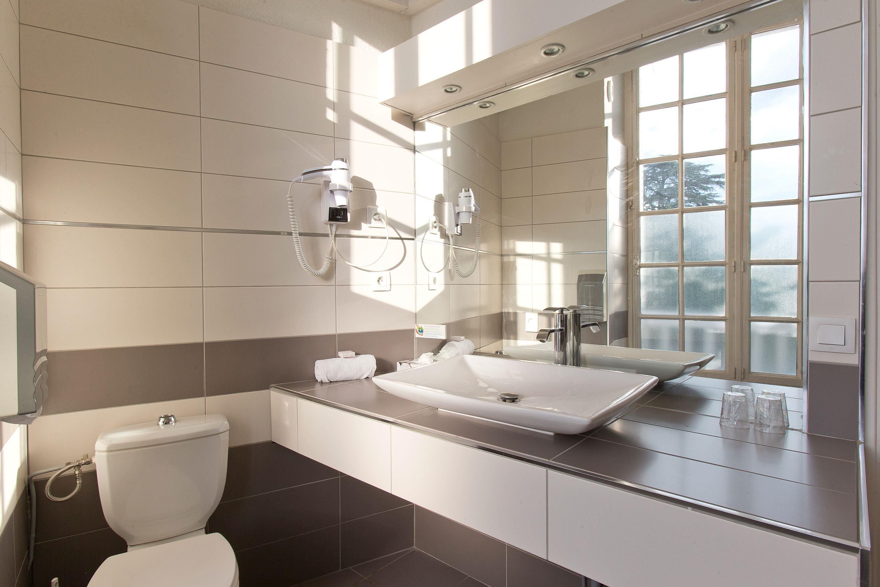 Une salle de bain moderne avec un grand miroir, un lavabo blanc et des toilettes.