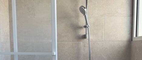 A modern bathroom with a glass-enclosed shower, a bathtub, and a handheld showerhead.