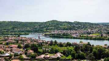 A riverside town with historic buildings, a bridge, and lush greenery.