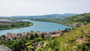 A riverside town with terraced vineyards, a historic building, and a modern industrial area.
