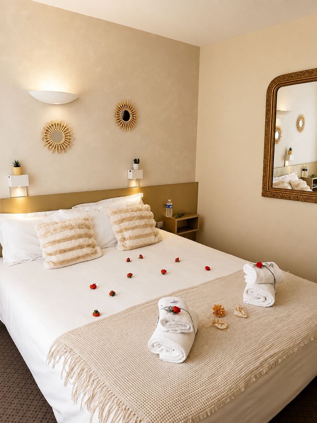 A hotel room with a large bed, two wall sconces, a mirror, and decorative wall art.