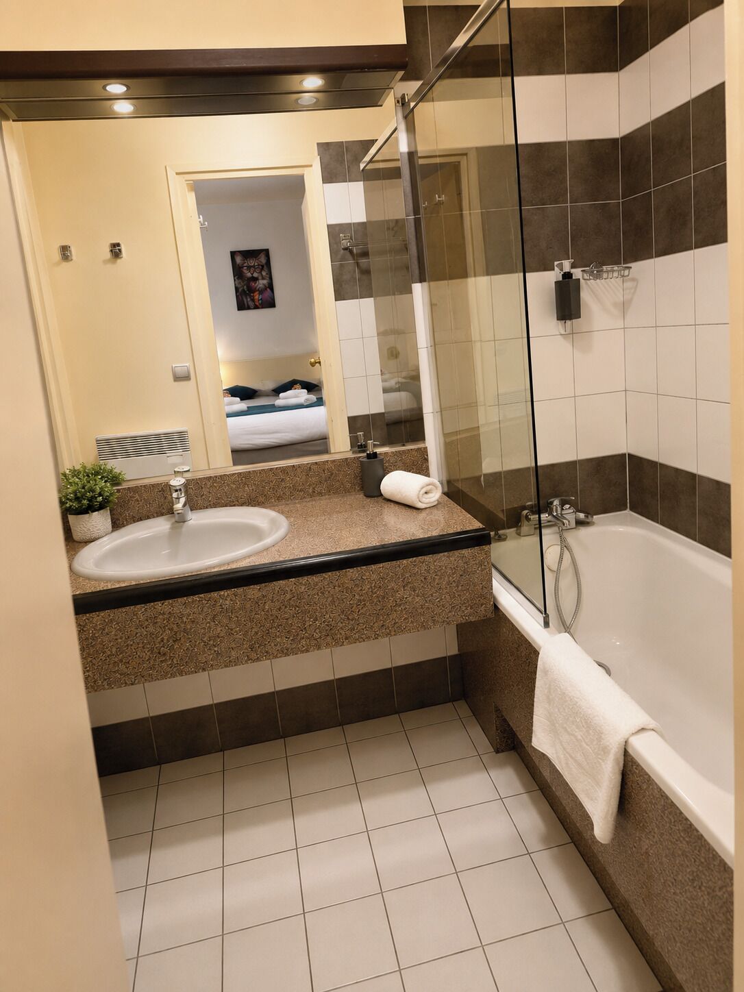 A modern bathroom with a glass shower enclosure, a double sink vanity, and a visible bedroom in the background.