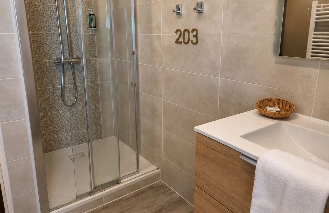 A bathroom with a shower, a sink, a mirror, and a towel.