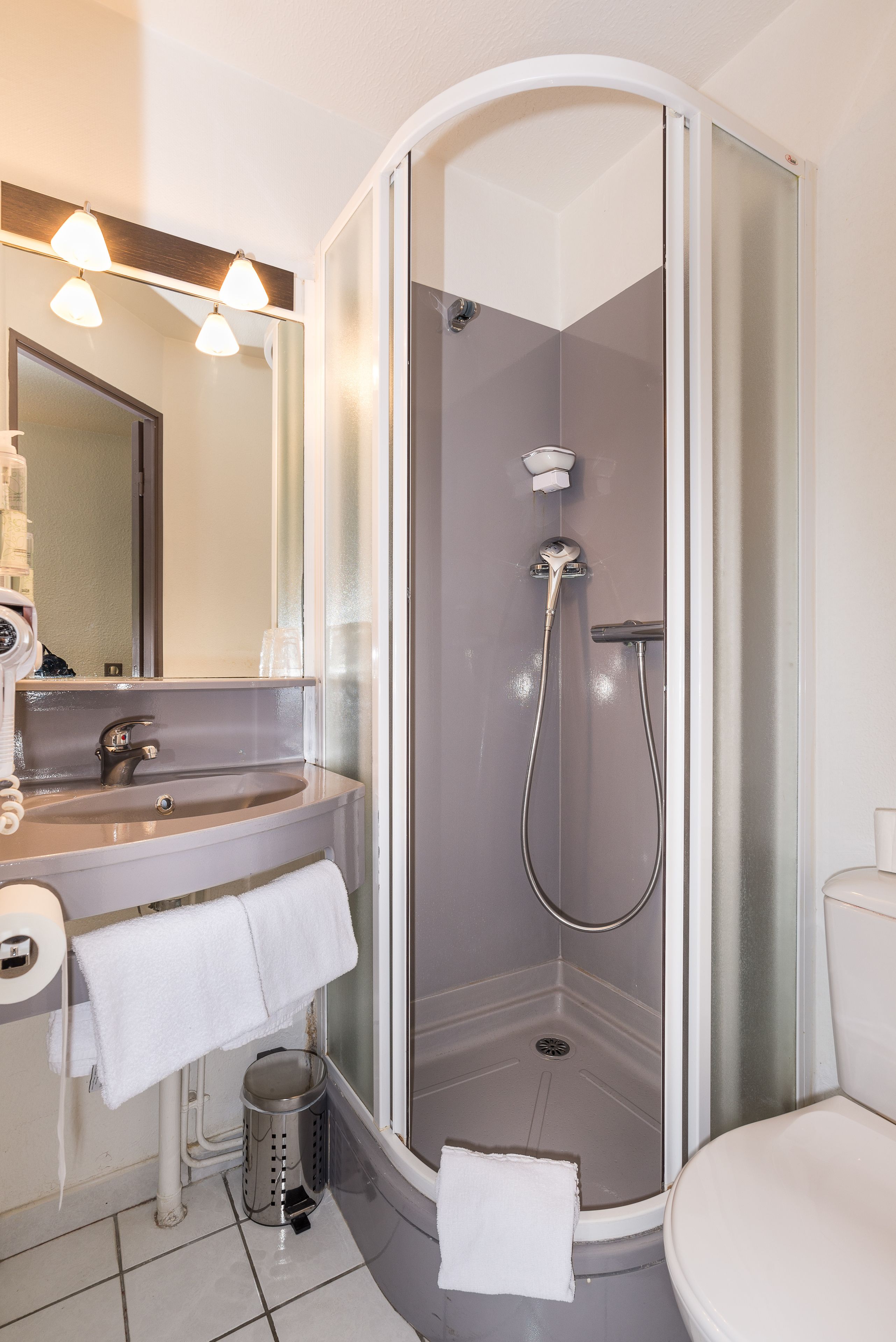 family room | bathroom | shower, hair dryer, towels