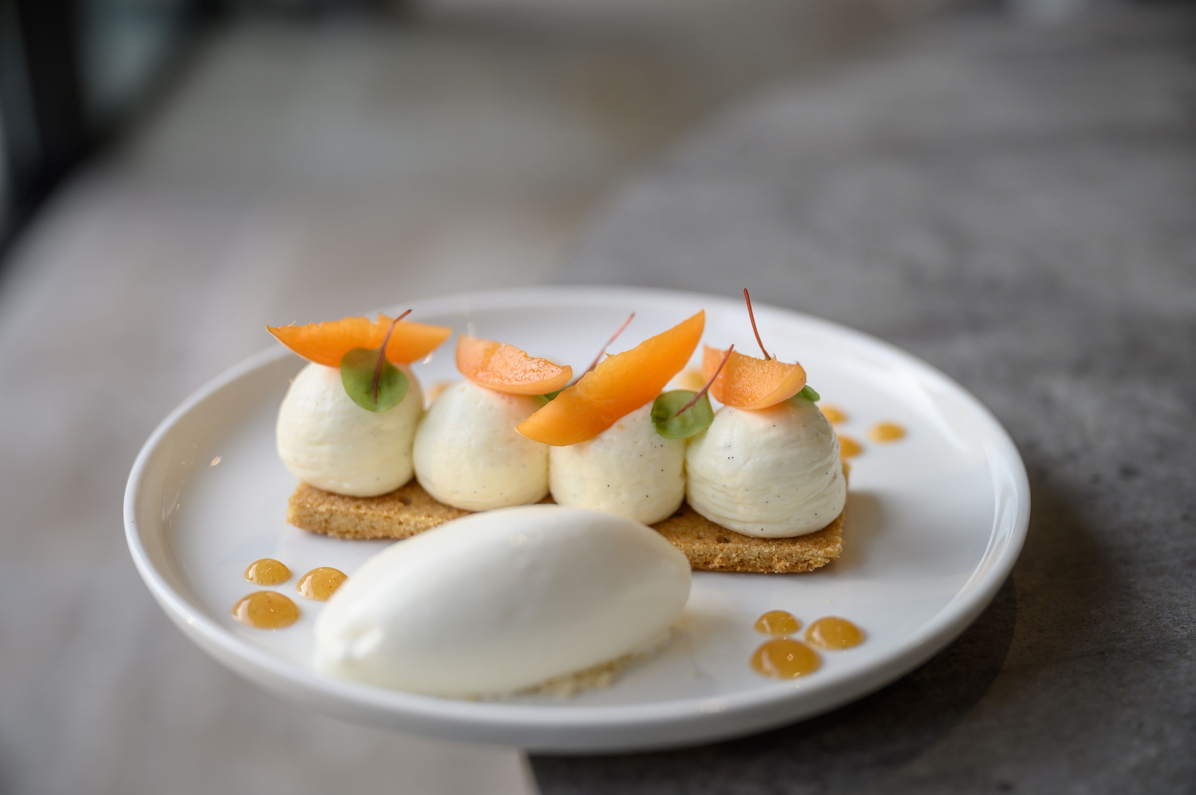 Un plato de postre con una bola de helado, un trozo de pastel y adornos.