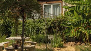 Un jardín con un banco de piedra, un árbol pequeño y una casa con una ventana al fondo.