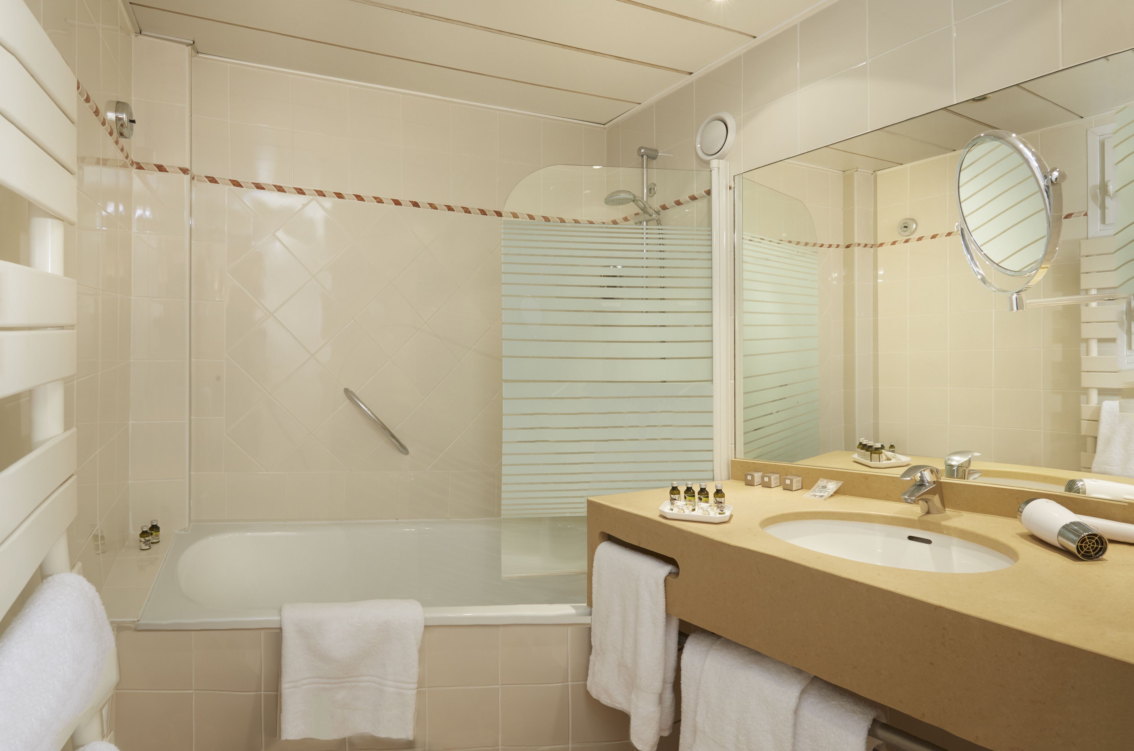 free toiletries, hair dryer, towels, soap