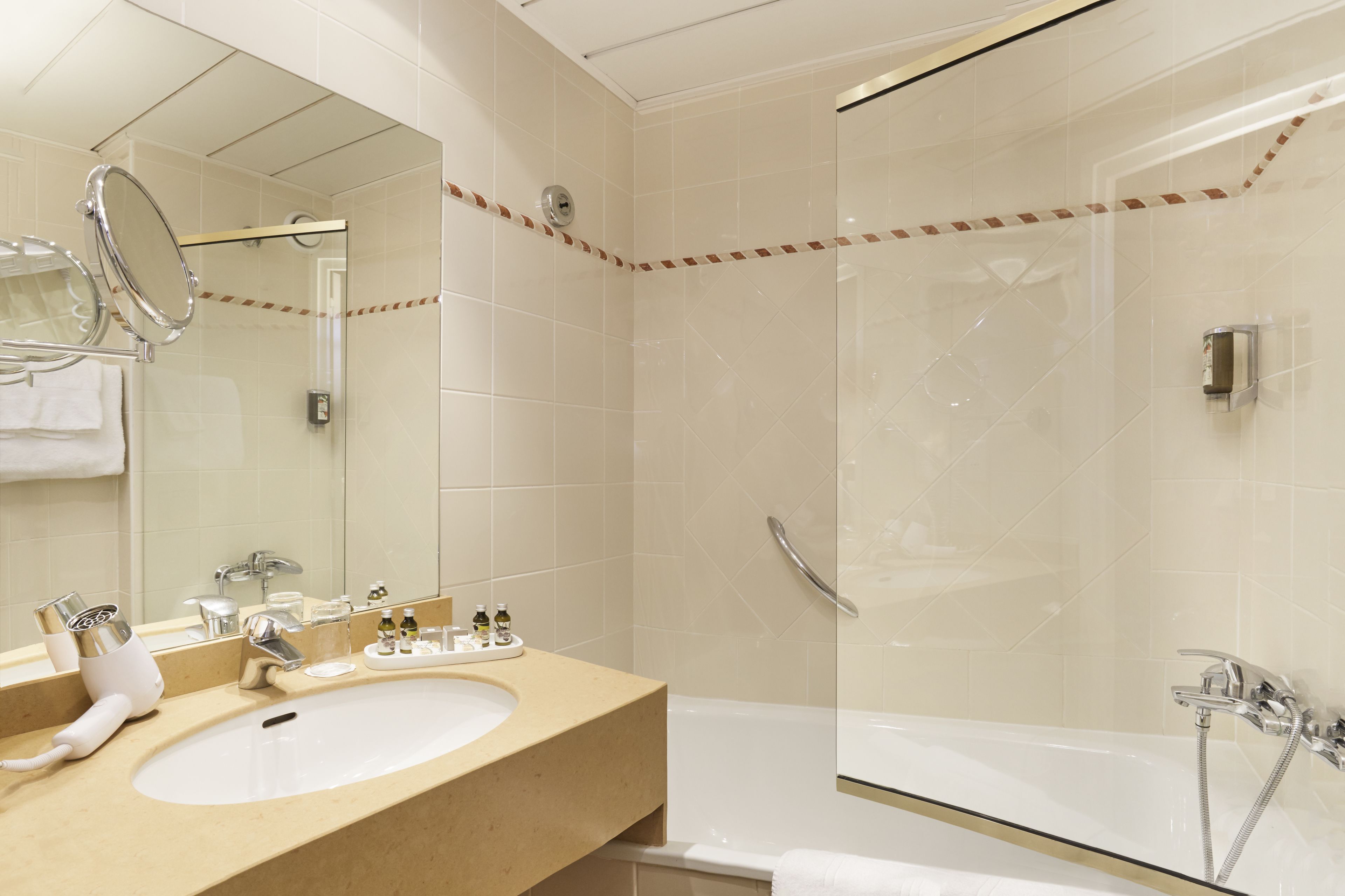 free toiletries, hair dryer, towels, soap