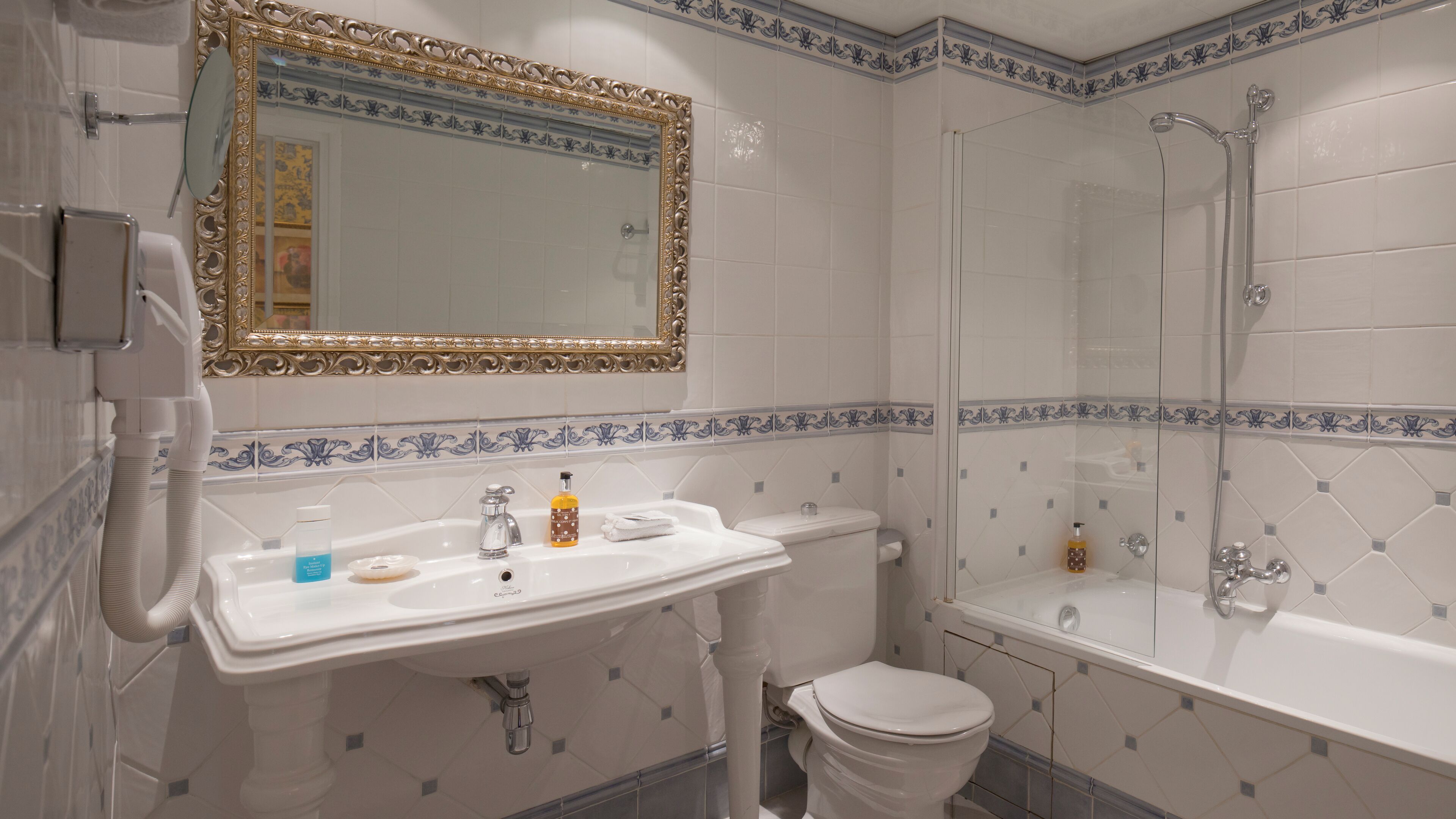 combined shower/bathtub, free toiletries, hair dryer, towels