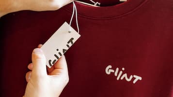 Une main tenant une étiquette sur laquelle est écrit le mot « glint », sur un t-shirt bordeaux où le mot « glint » est également imprimé.