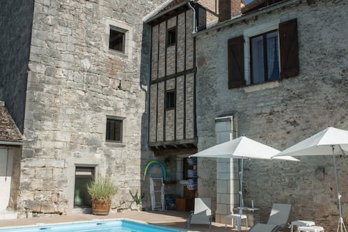 Outdoor pool, pool umbrellas, pool loungers