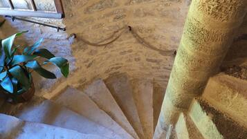 A spiral staircase with stone walls and a potted plant.