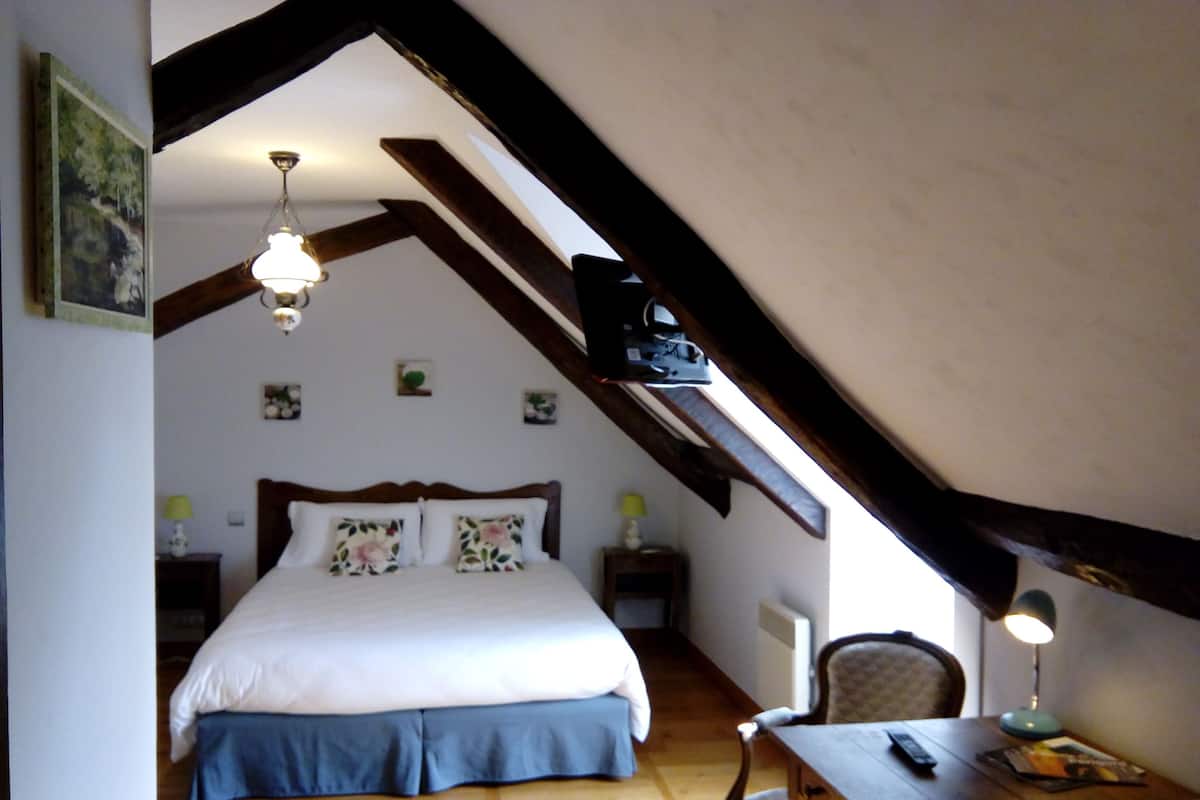 A bedroom with a bed, a desk, a chair, and a hanging light fixture.