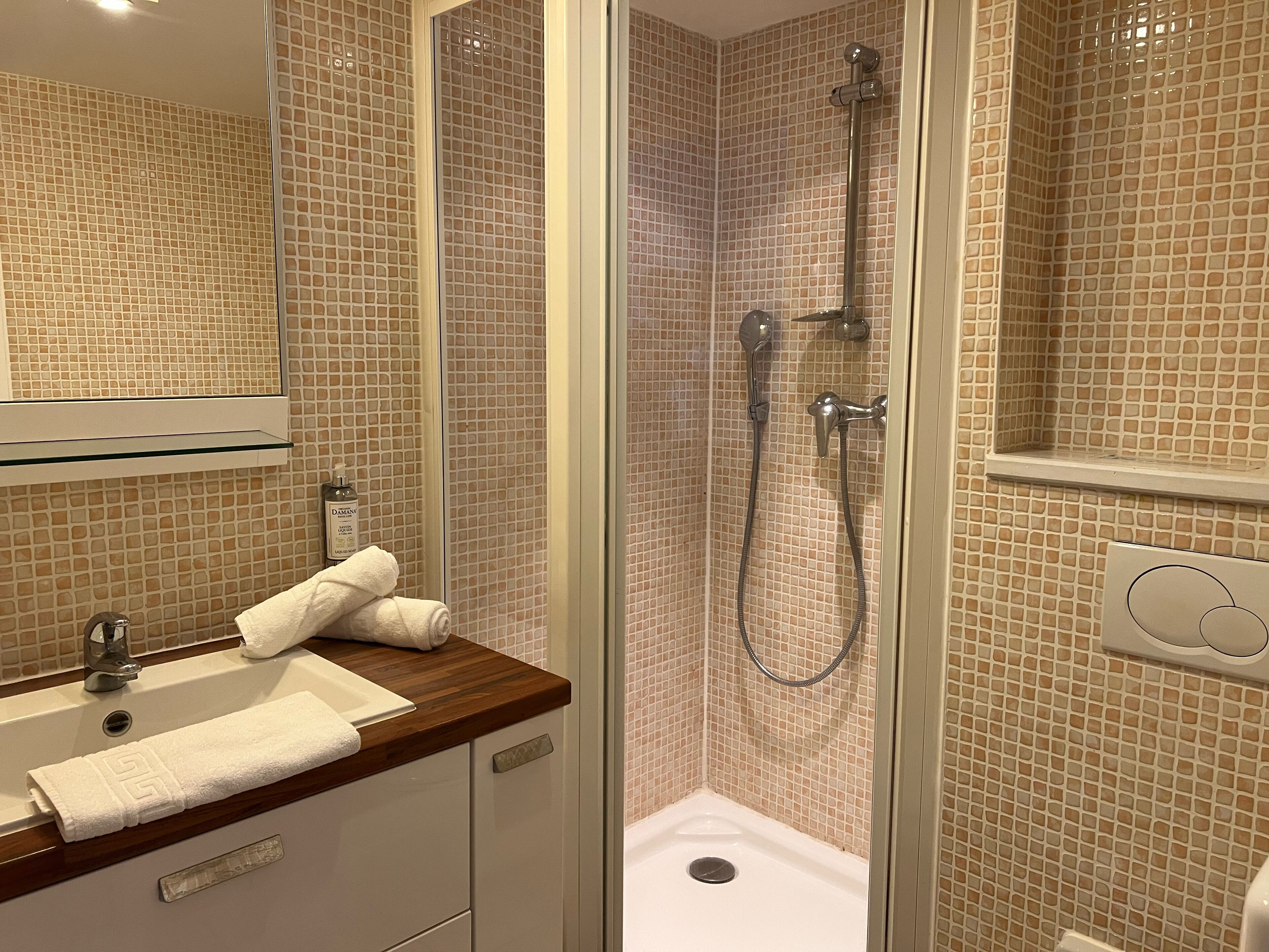 Un baño con ducha envuelta en vidrio, un lavamanos con encimera de madera y un espejo sobre el lavamanos.