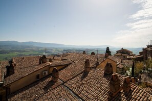 Blick auf terrakottafarbene Dächer mit traditioneller Architektur, einem klaren Himmel und sanften grünen Hügeln im Hintergrund.