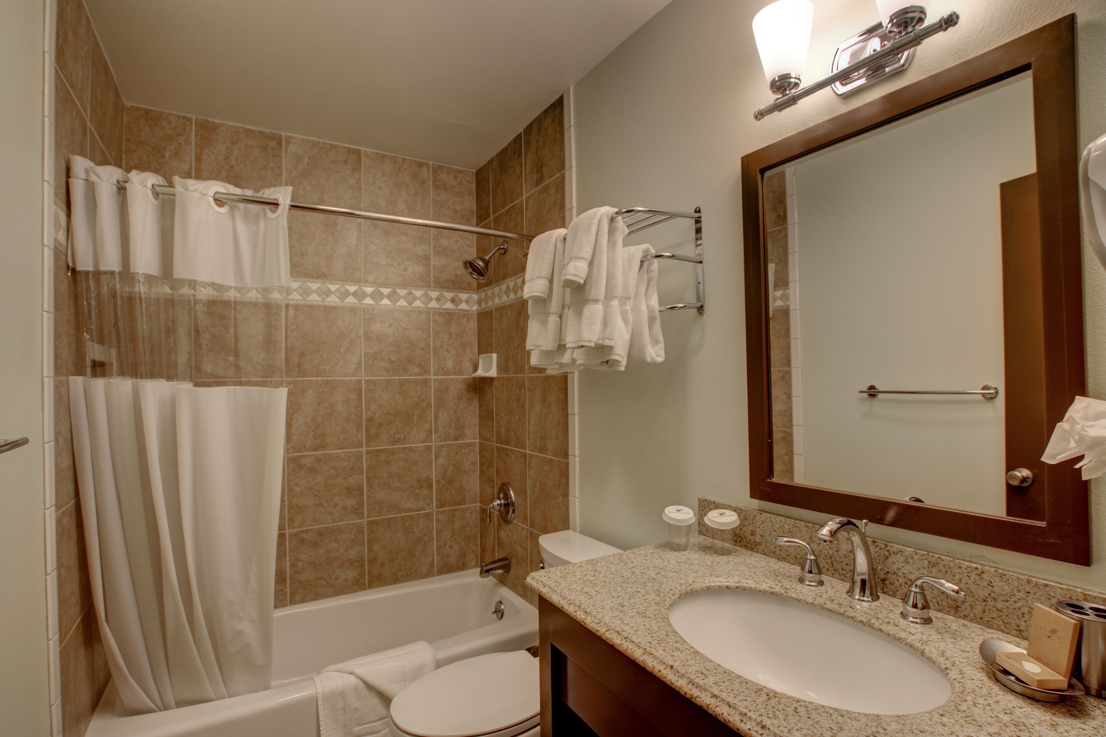 combined shower/bathtub, free toiletries, hair dryer, towels