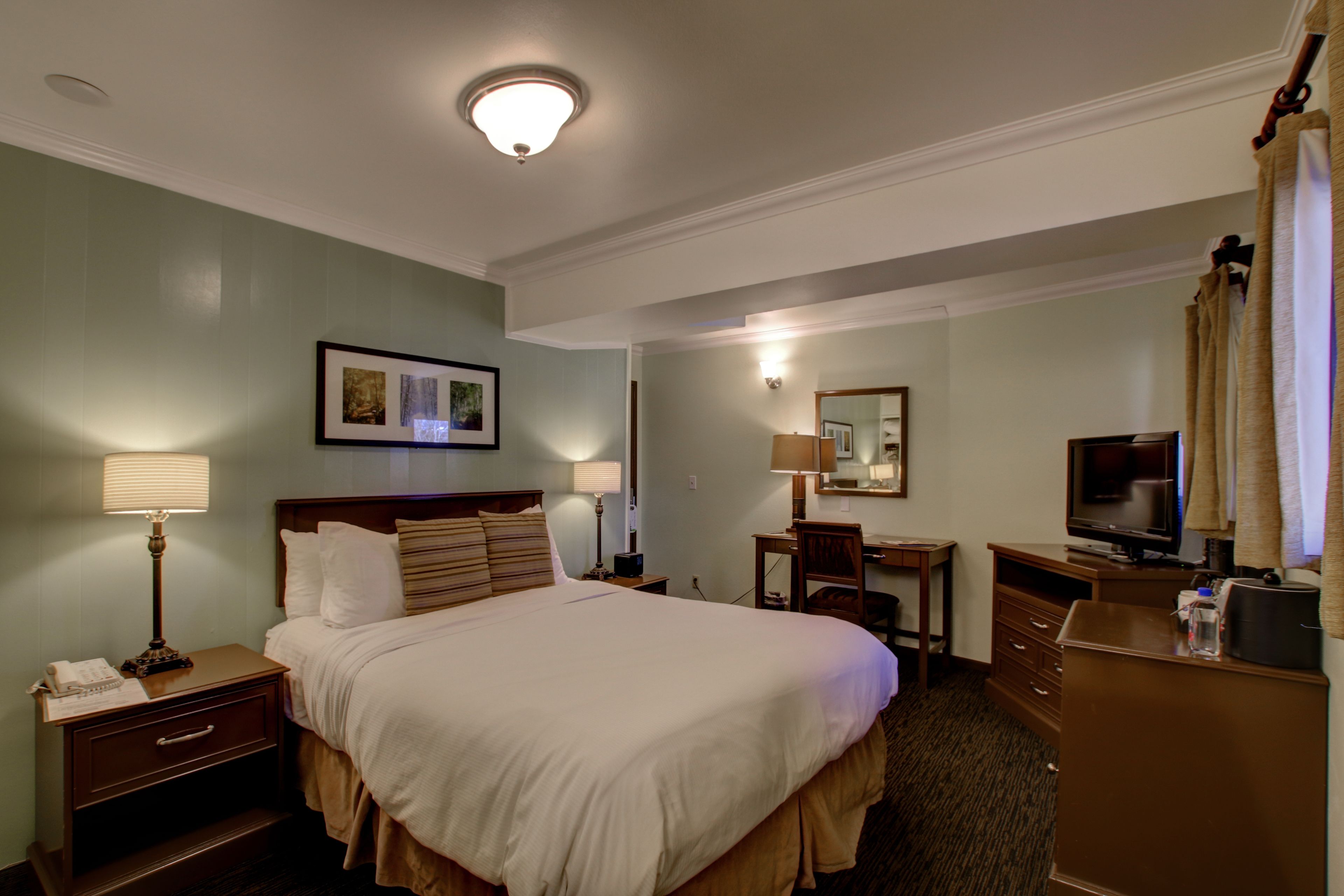 standard, one queen | living area | 27-inch flat-screen tv with cable channels, tv