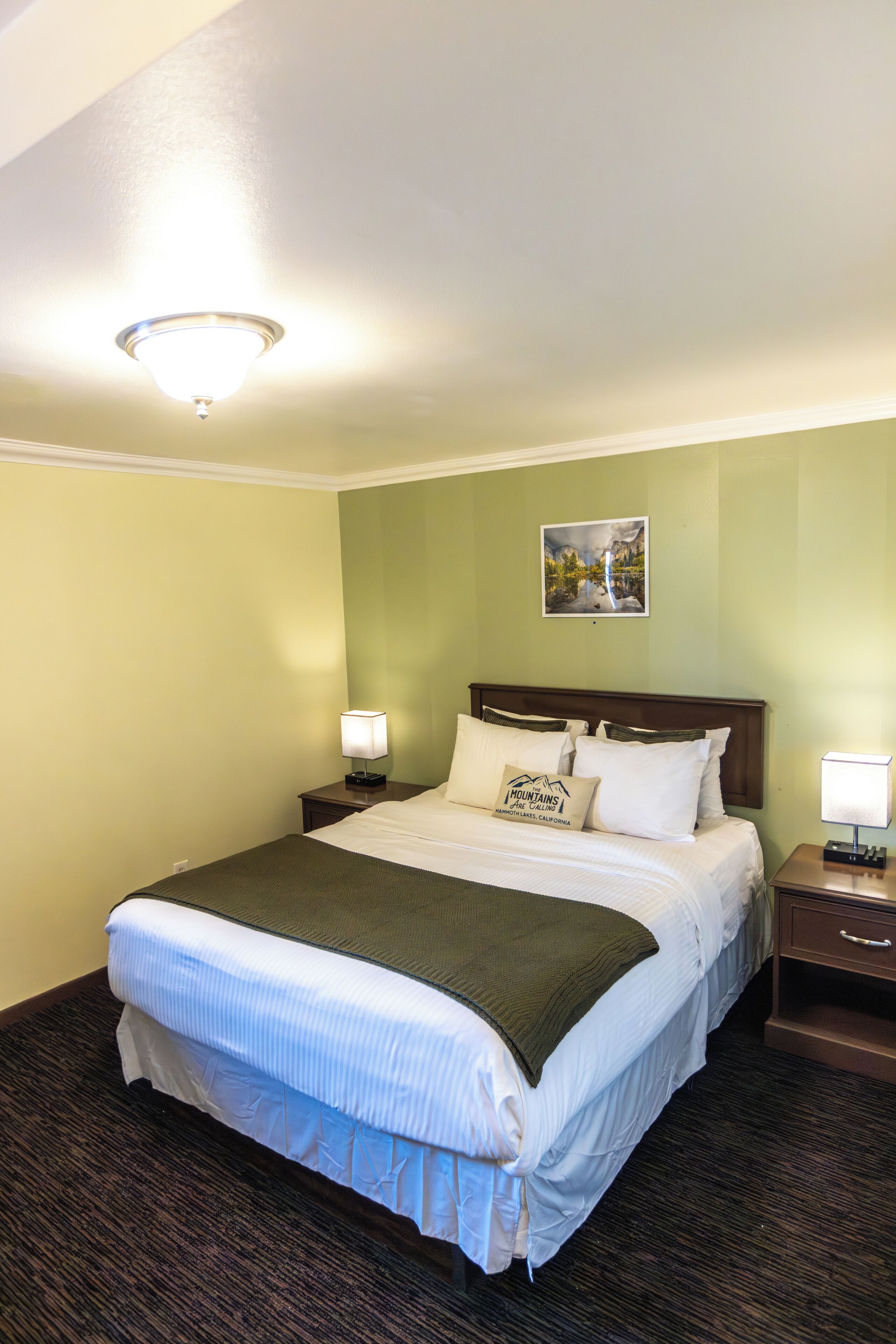 Ein Hotelzimmer mit einem großen Bett, einem Nachttisch mit Lampe, einem Wandbild und einer Deckenleuchte.