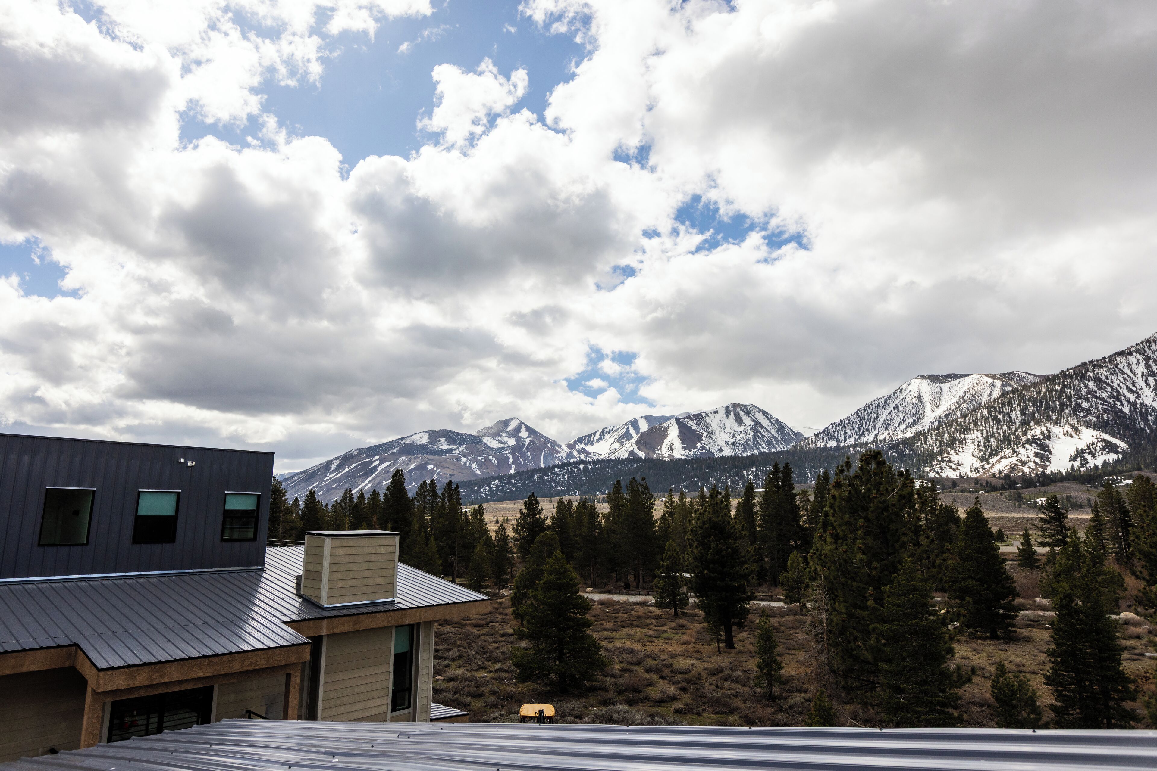 A modern building with a metal roof, surrounded by a forest and snow-capped mountains in the background.