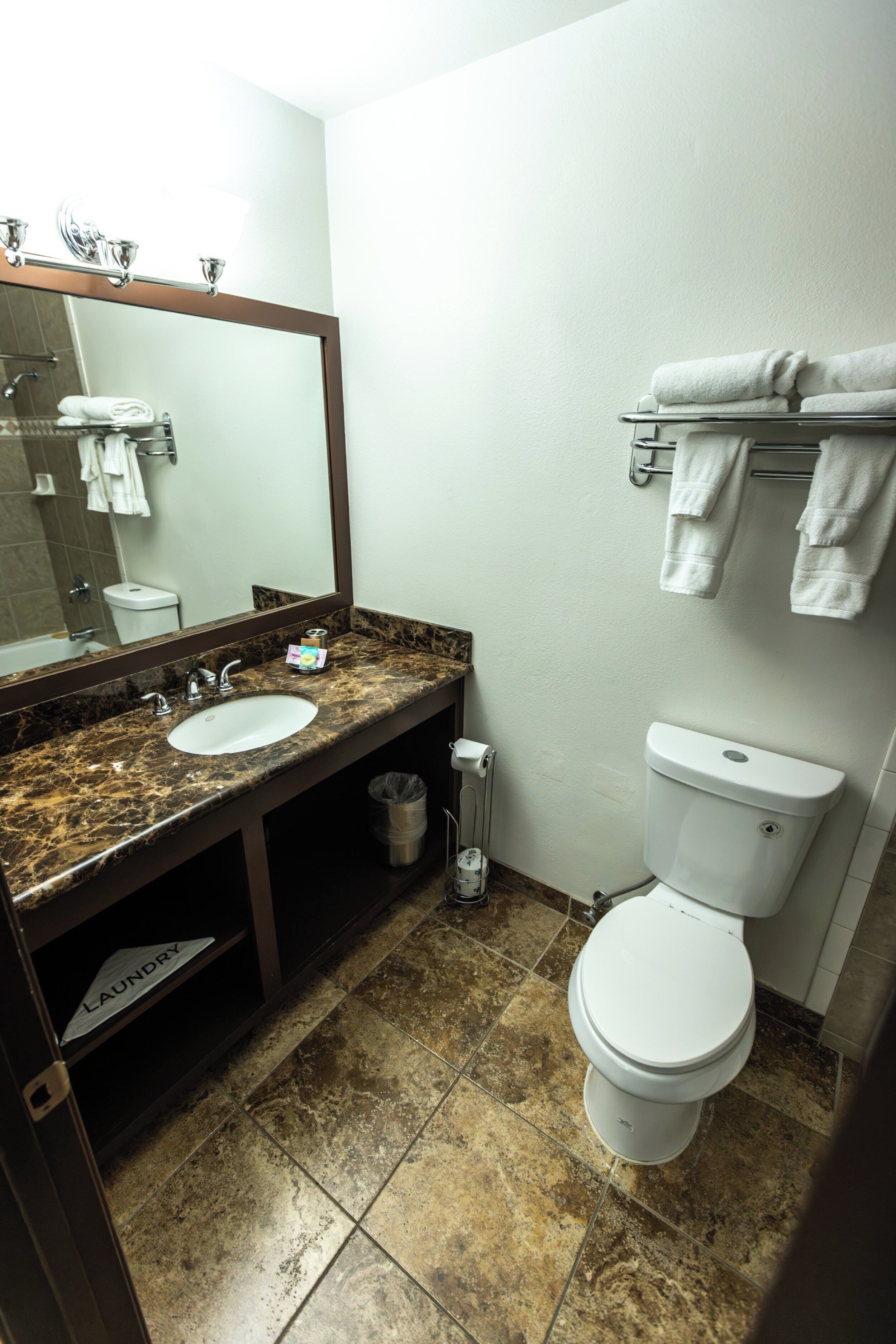 A bathroom with a marble sink, a toilet, and a mirror.