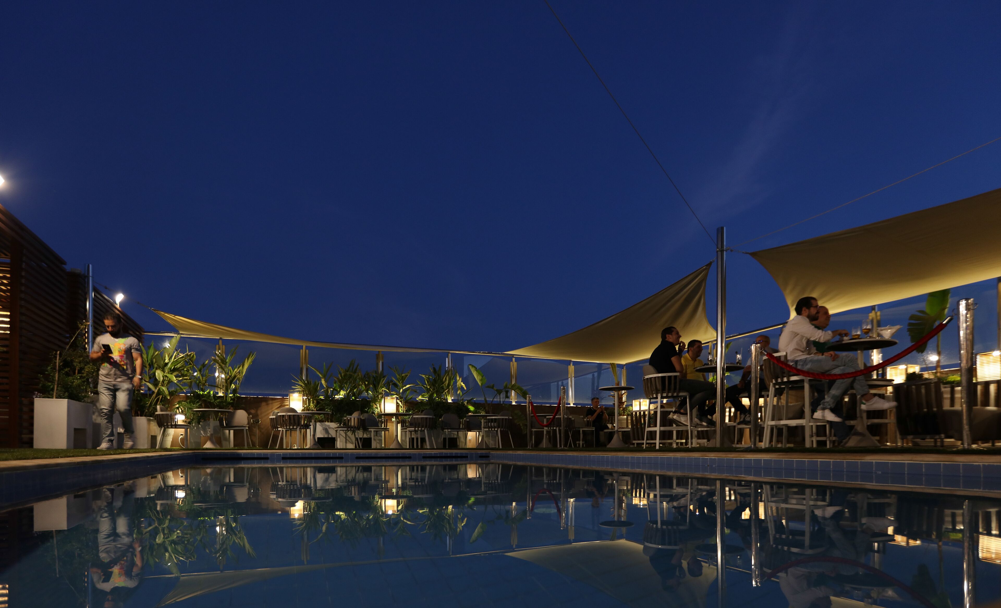 outdoor pool, pool loungers