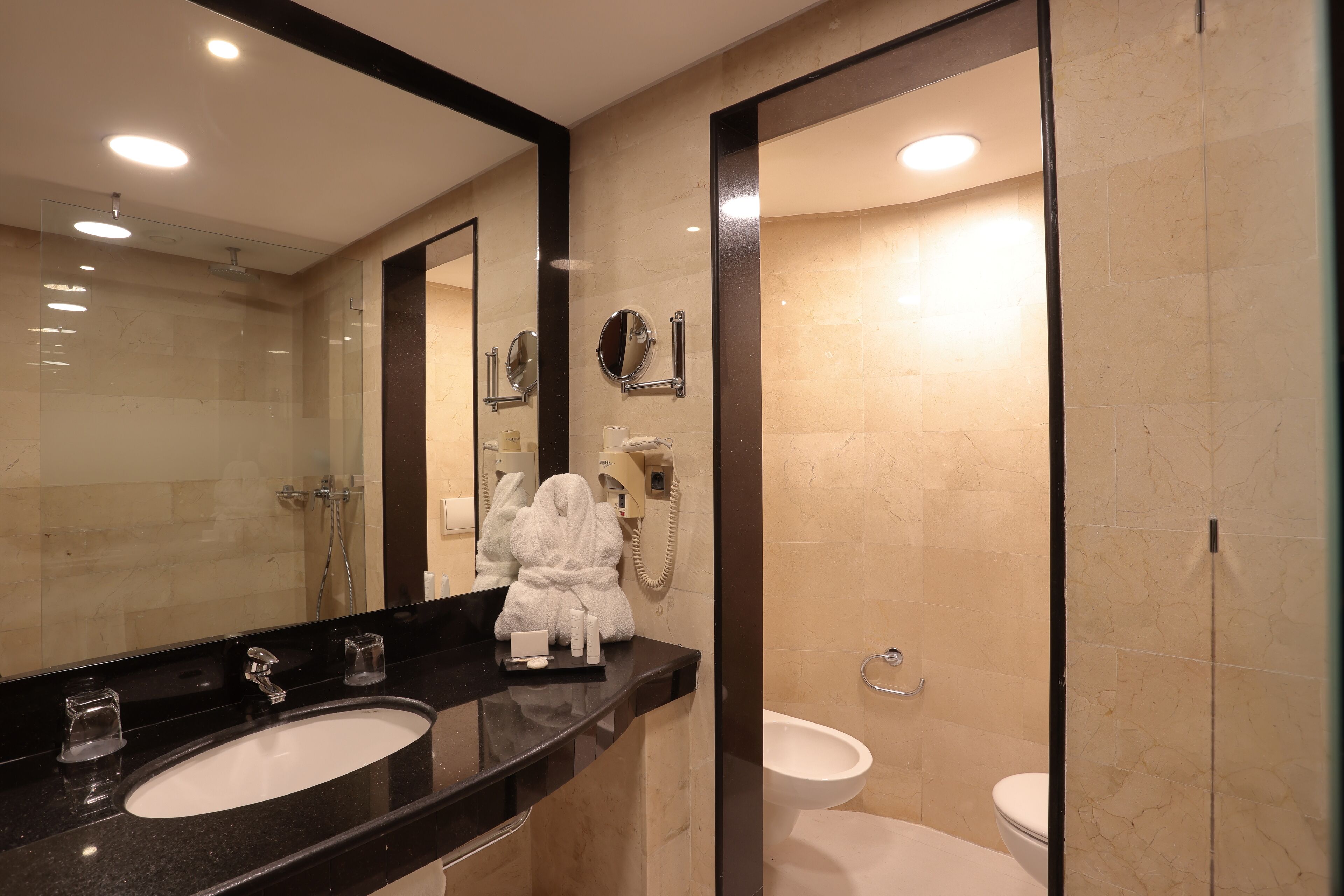 combined shower/bathtub, free toiletries, hair dryer, bathrobes