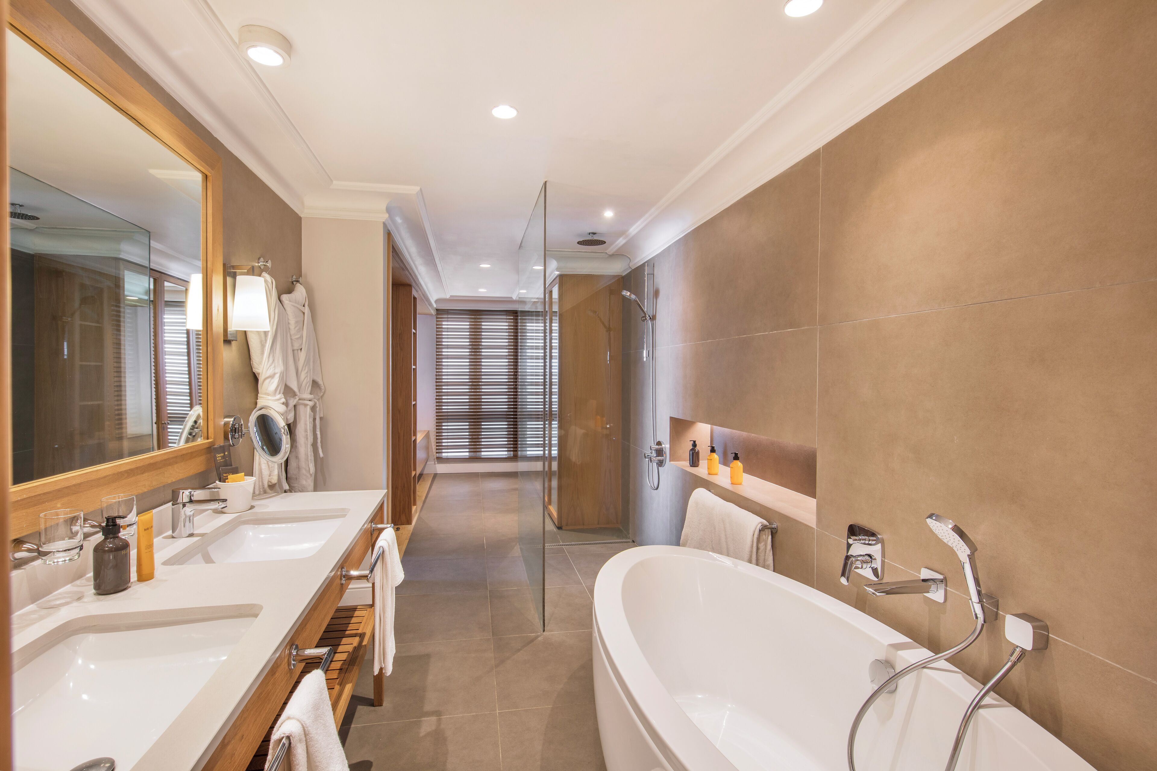 shower, hair dryer, bathrobes, slippers