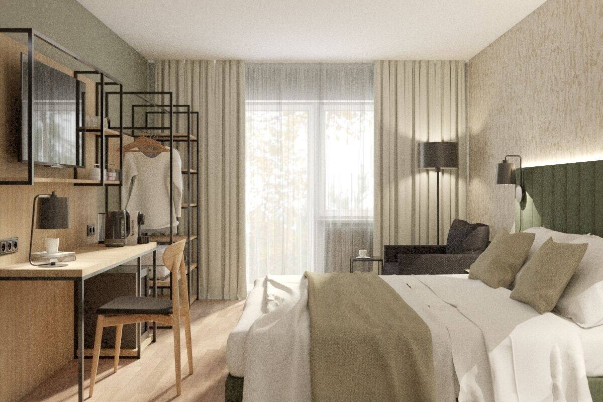 Una habitación de hotel moderna con una cama, un escritorio con silla, un televisor y una ventana con cortinas.