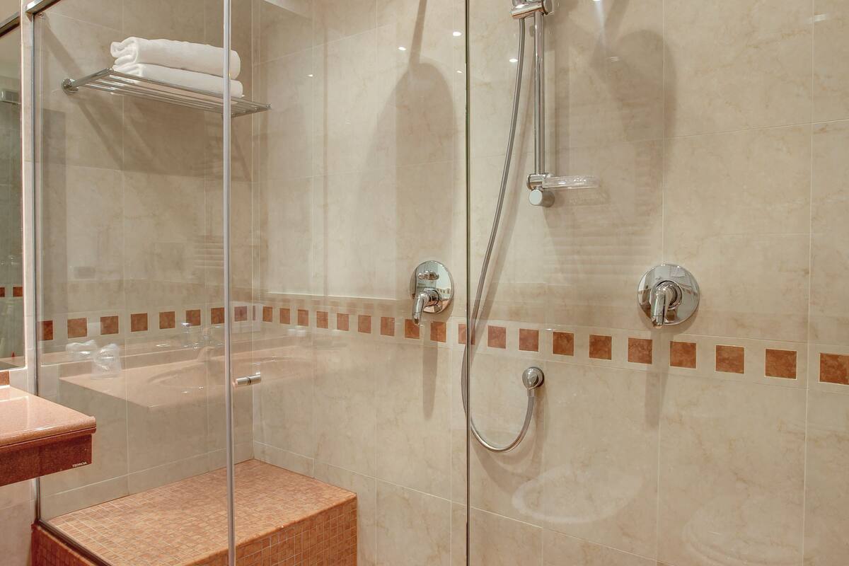 free toiletries, hair dryer, bidet, towels