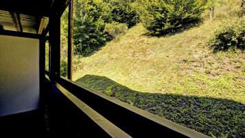 Blick aus einem Fenster mit Holzrahmen auf einen grasbewachsenen Hang mit dichten Bäumen.