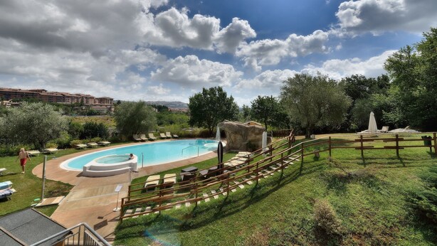 A swimming pool with a waterfall feature, surrounded by a wooden deck and lounge chairs, set against a backdrop of trees and a clear sky.