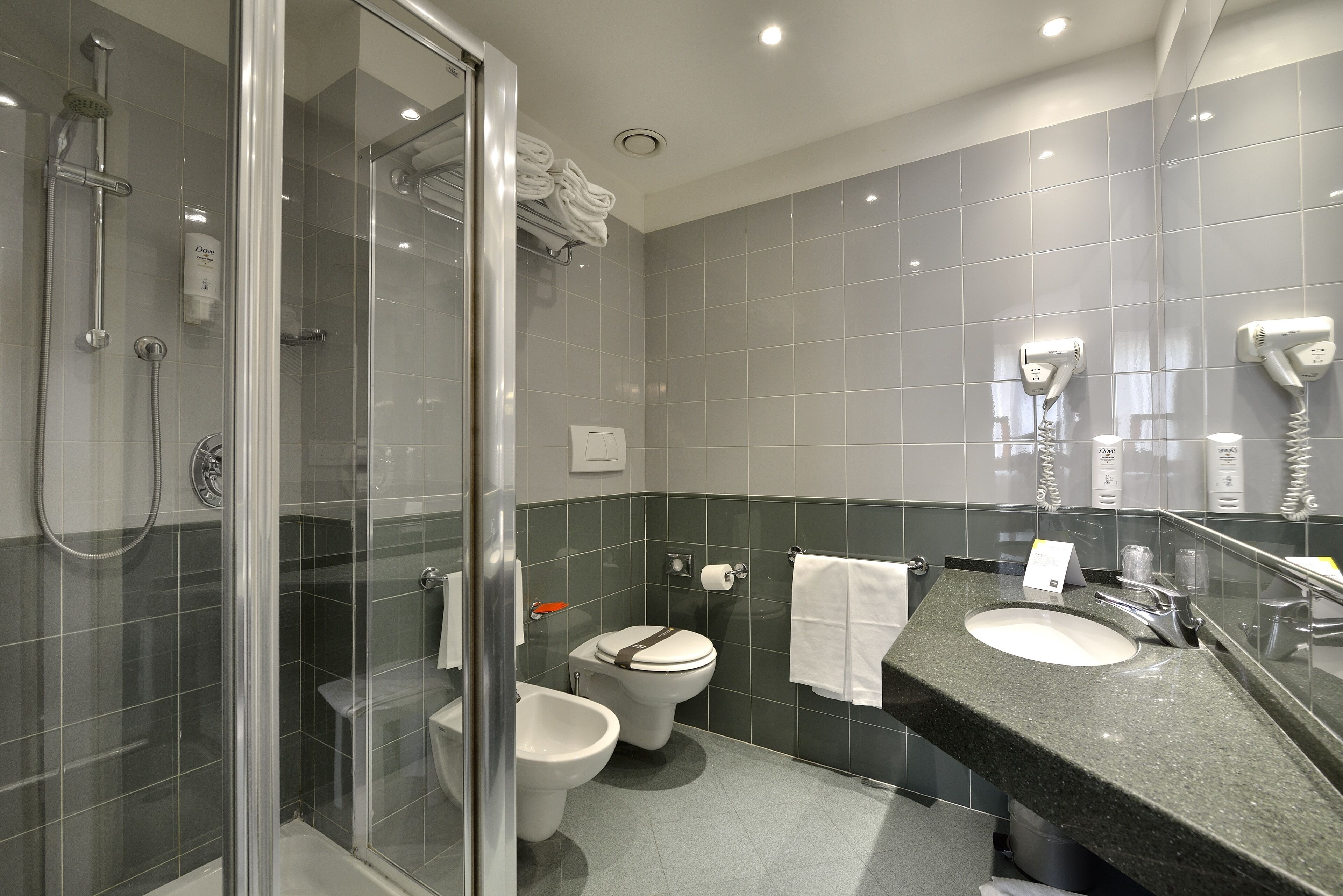 shower, hair dryer, bidet, towels