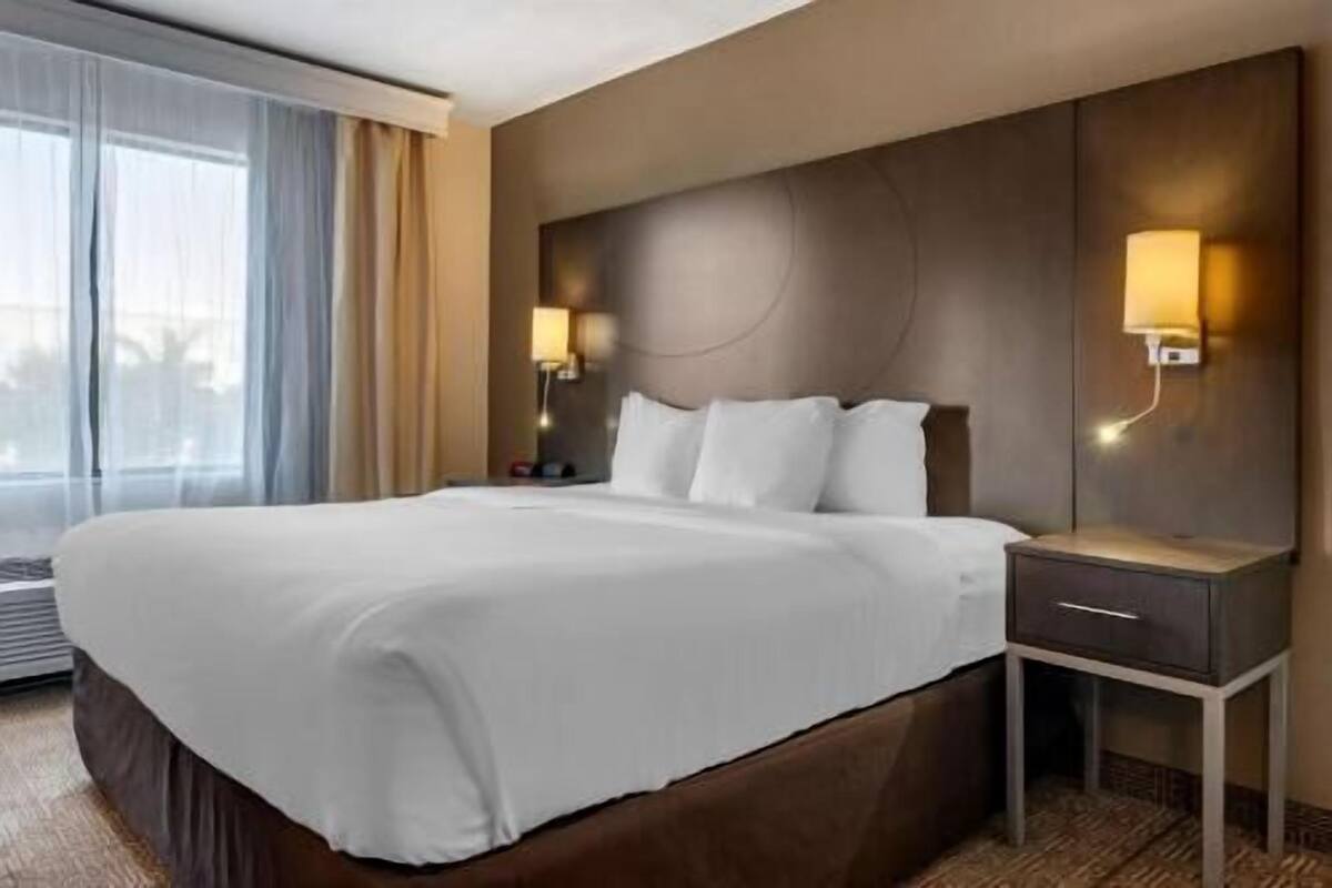 A hotel room with a large bed, a nightstand, a lamp, and a window with curtains.