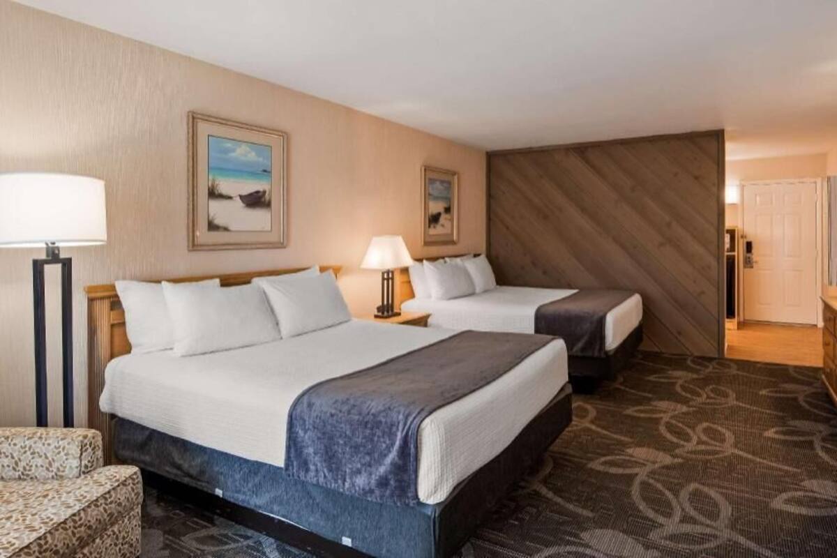 Habitación de hotel con dos camas, un escritorio, televisión y alfombra estampada.