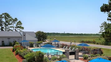 Seasonal outdoor pool, pool umbrellas, sun loungers