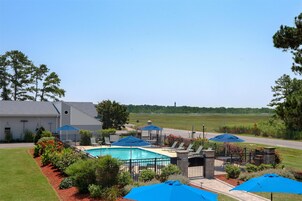 Seasonal outdoor pool, pool umbrellas, sun loungers