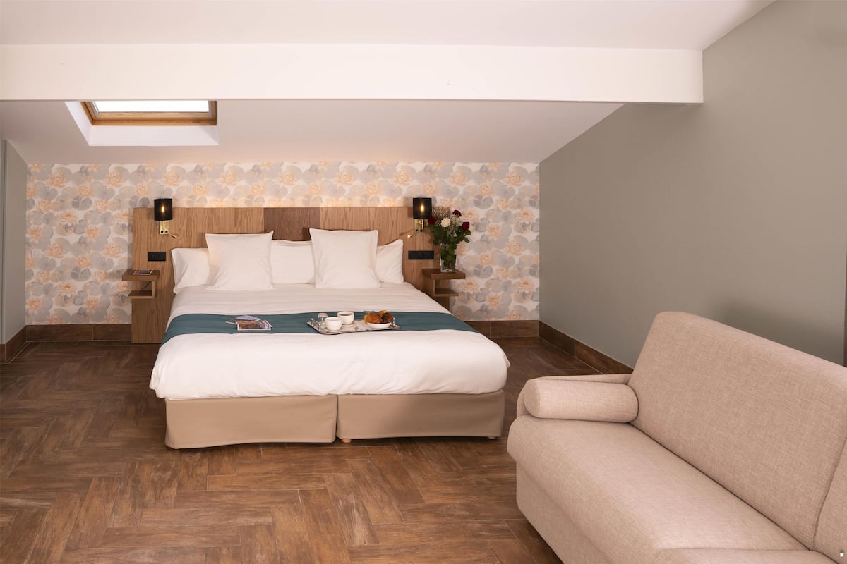 Un dormitorio con cama, mesita de noche, sofá y tragaluz.