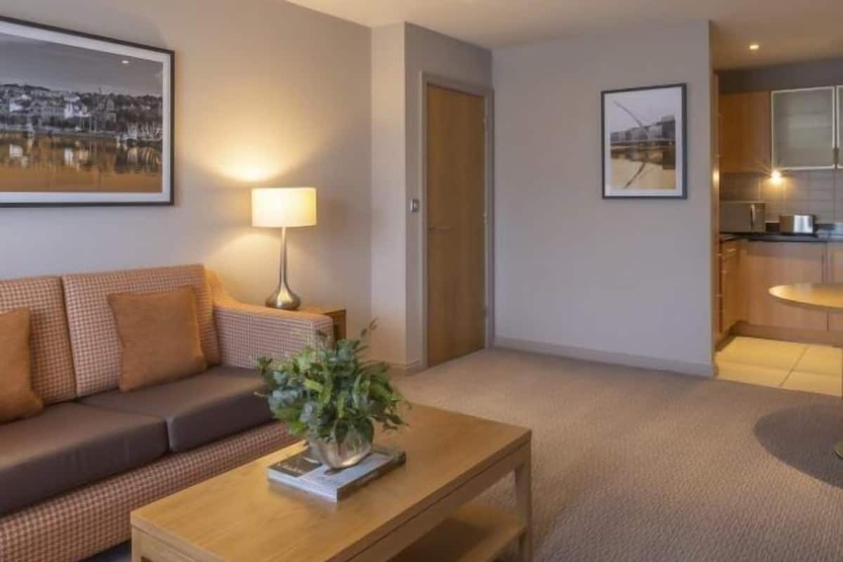 A modern living room with a sofa, a coffee table with a book and a plant, a lamp, and a framed picture on the wall.