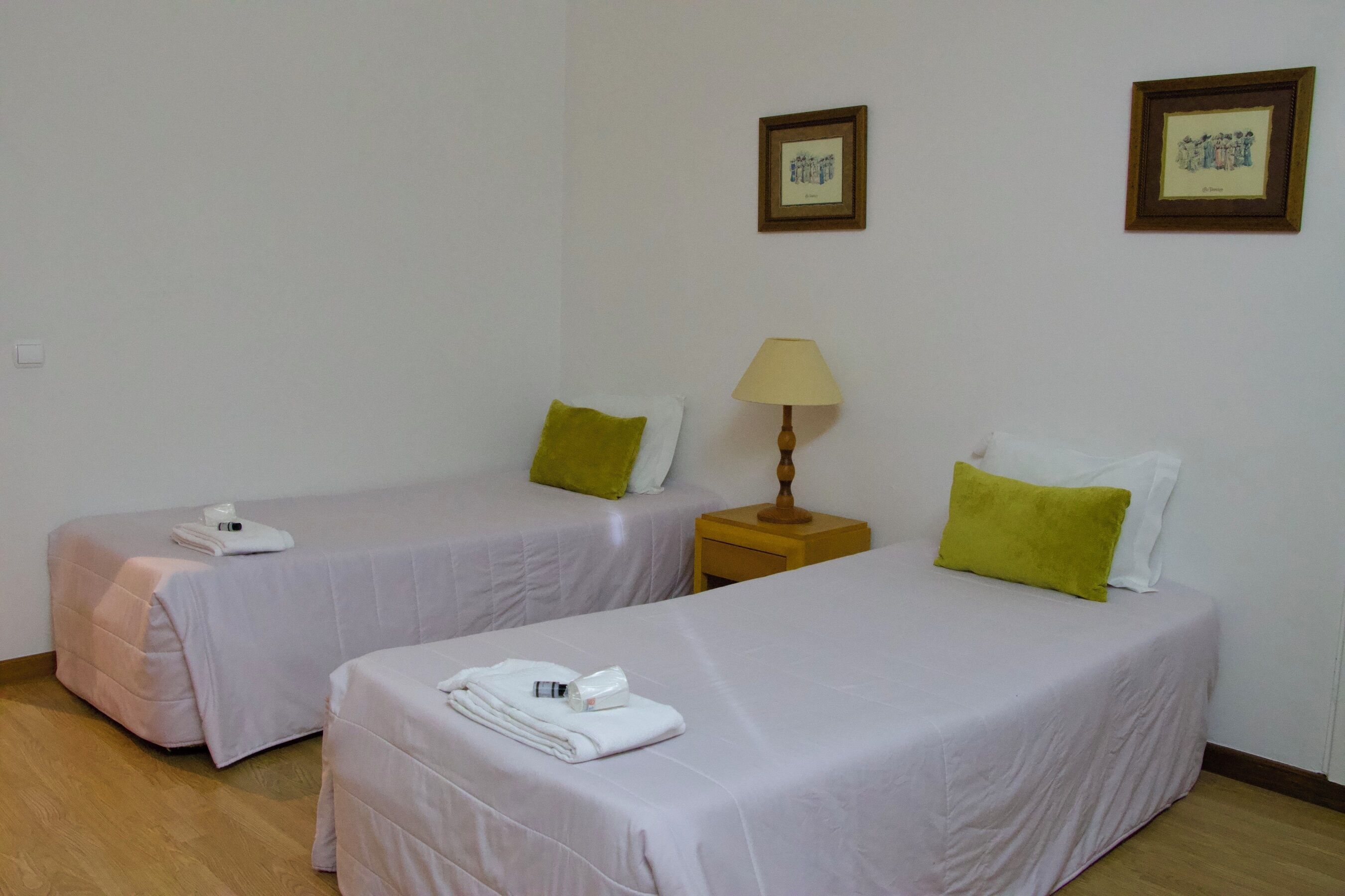 Two single beds with white bedding and green pillows, a wooden nightstand with a lamp, and a framed picture on the wall.